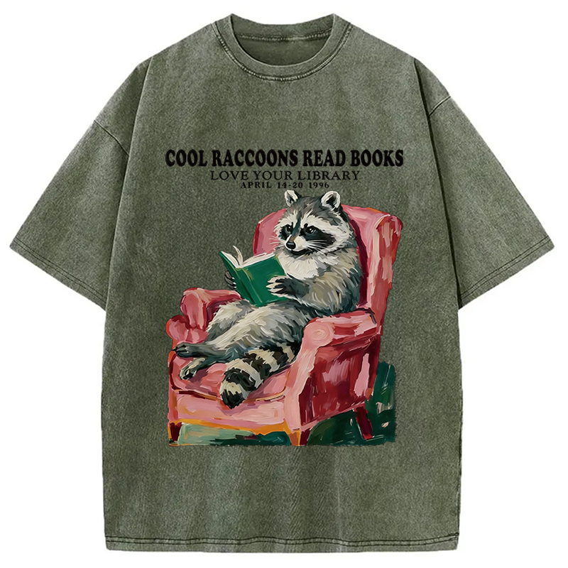 Modecanvas Cool Raccoon Reads DTG Printing Washed T-Shirt-modecanvas
