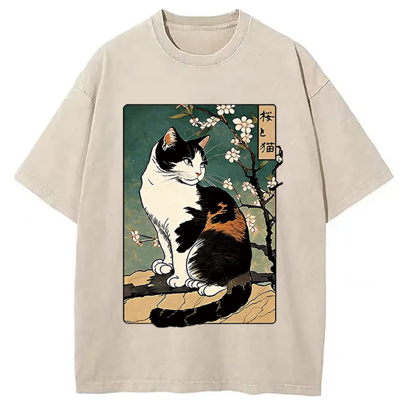 Modecanvas The Cat Under the Sakura DTG Printing Washed T-Shirt-modecanvas