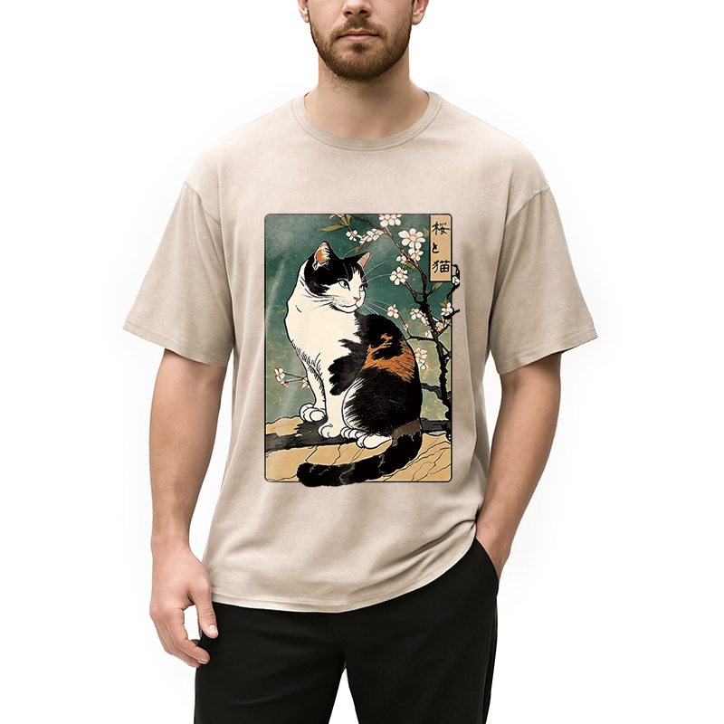 Modecanvas The Cat Under the Sakura DTG Printing Washed T-Shirt-modecanvas