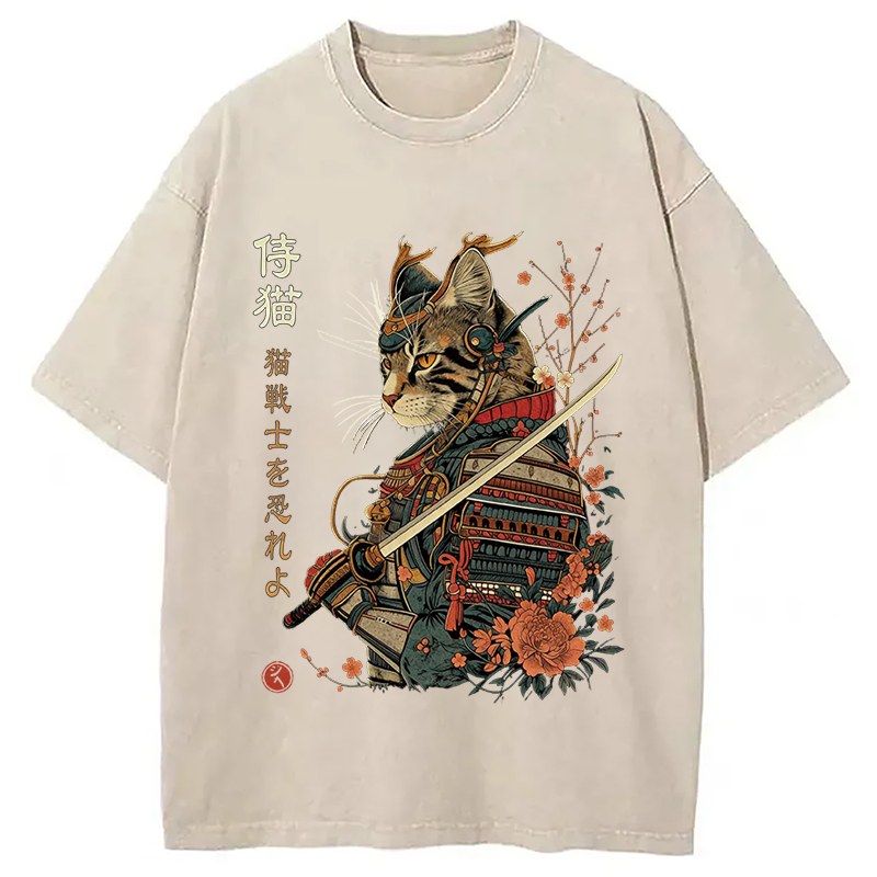 Modecanvas Japanese Samurai Cat DTG Printing Washed T-Shirt-modecanvas