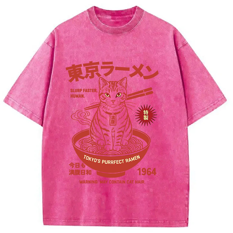 Modecanvas Tokyo Ramen Cat DTG Printing Washed T-Shirt-modecanvas