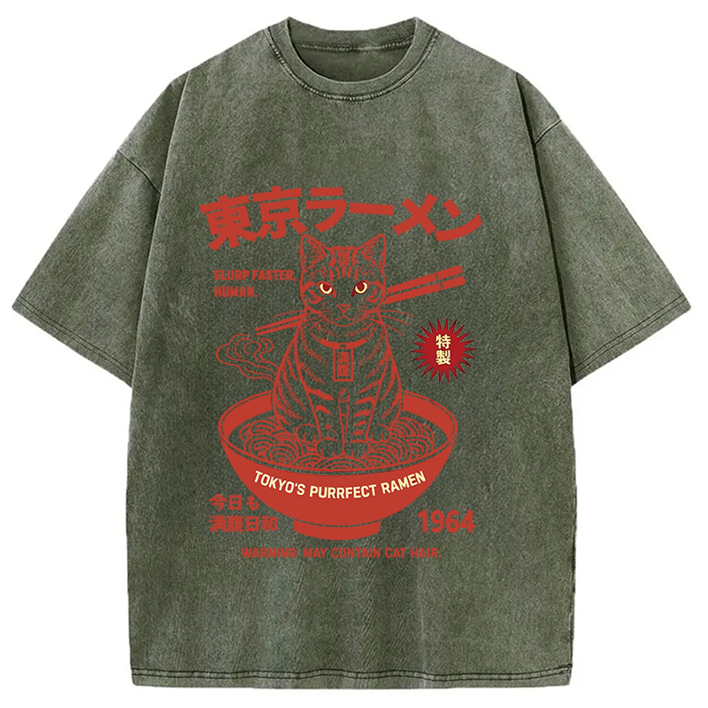 Modecanvas Tokyo Ramen Cat DTG Printing Washed T-Shirt-modecanvas