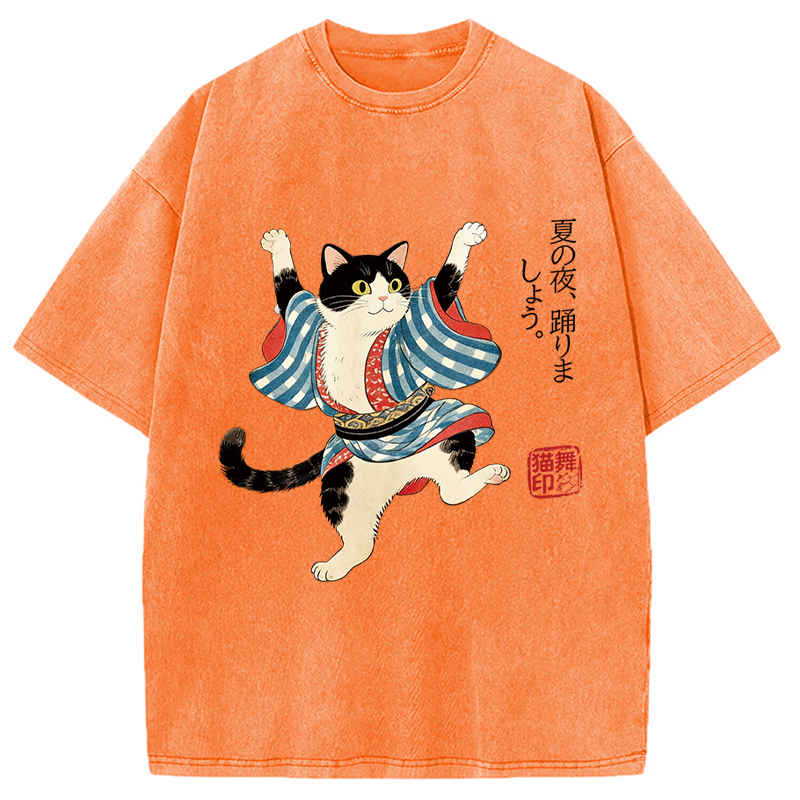 Modecanvas Bon Odori Dancing Cat DTG Printing Washed T-Shirt-modecanvas