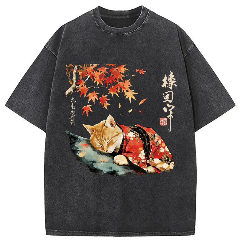 Modecanvas Kimono Neko Art DTG Printing Washed T-Shirt-modecanvas