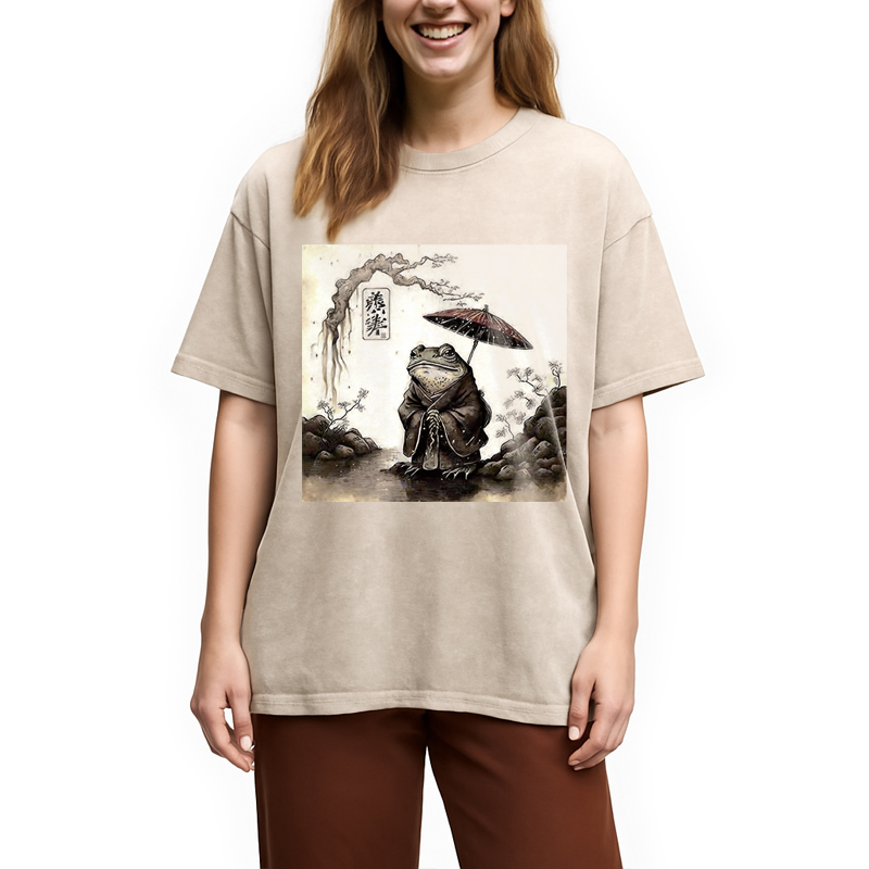 Modecanvas Rainy Day Frog DTG Printing Washed T-Shirt-modecanvas