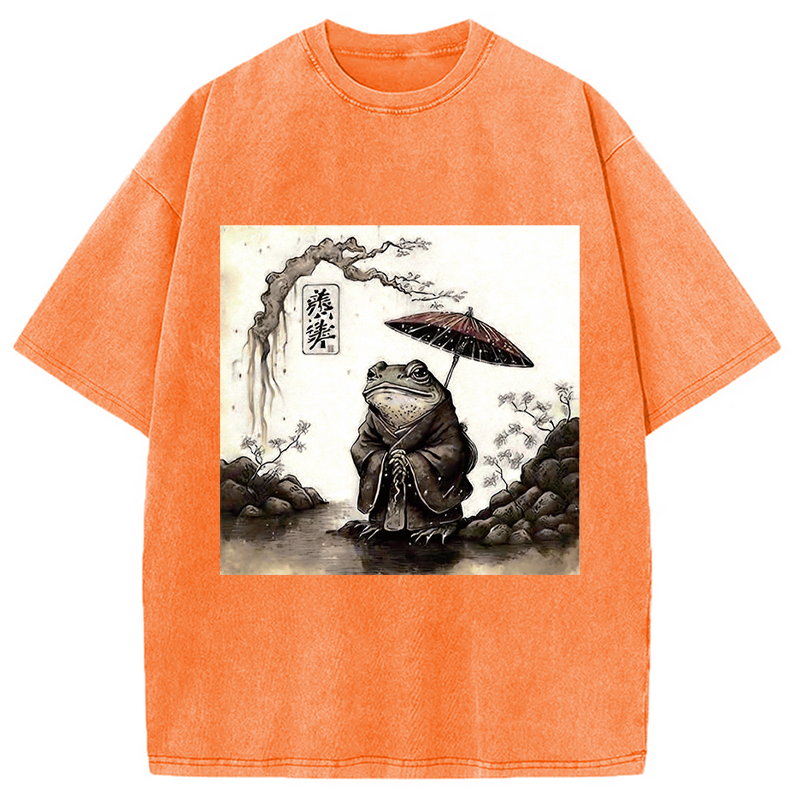 Modecanvas Rainy Day Frog DTG Printing Washed T-Shirt-modecanvas