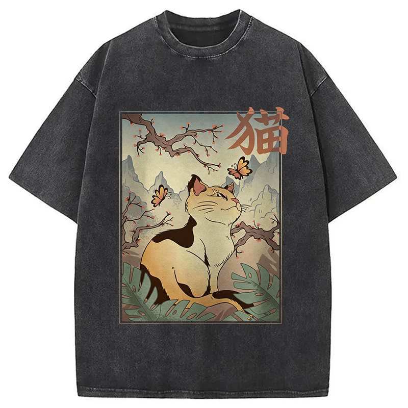 Modecanvas Kawaii Cat DTG Printing Washed T-Shirt-modecanvas