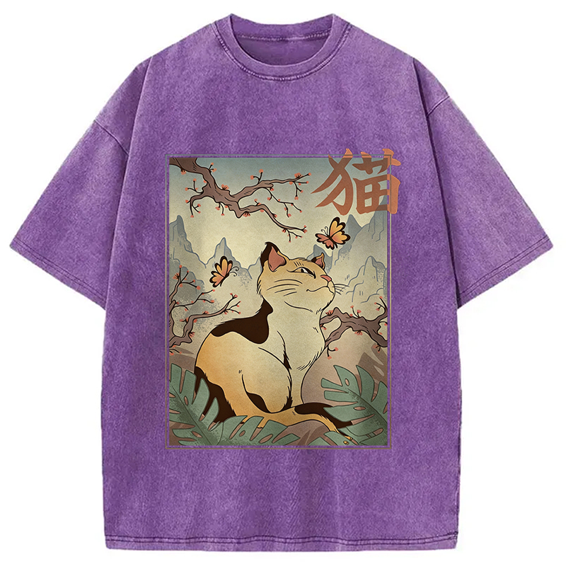 Modecanvas Kawaii Cat DTG Printing Washed T-Shirt-modecanvas
