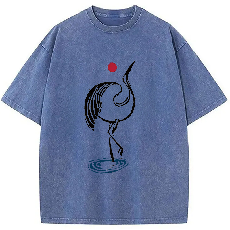 Modecanvas Japanese Crane Linocut DTG Printing Washed T-Shirt-modecanvas