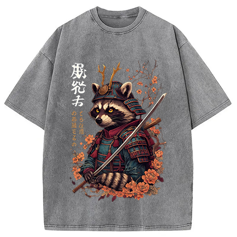 Modecanvas Japanese Raccoon Art DTG Printing Washed T-Shirt-modecanvas