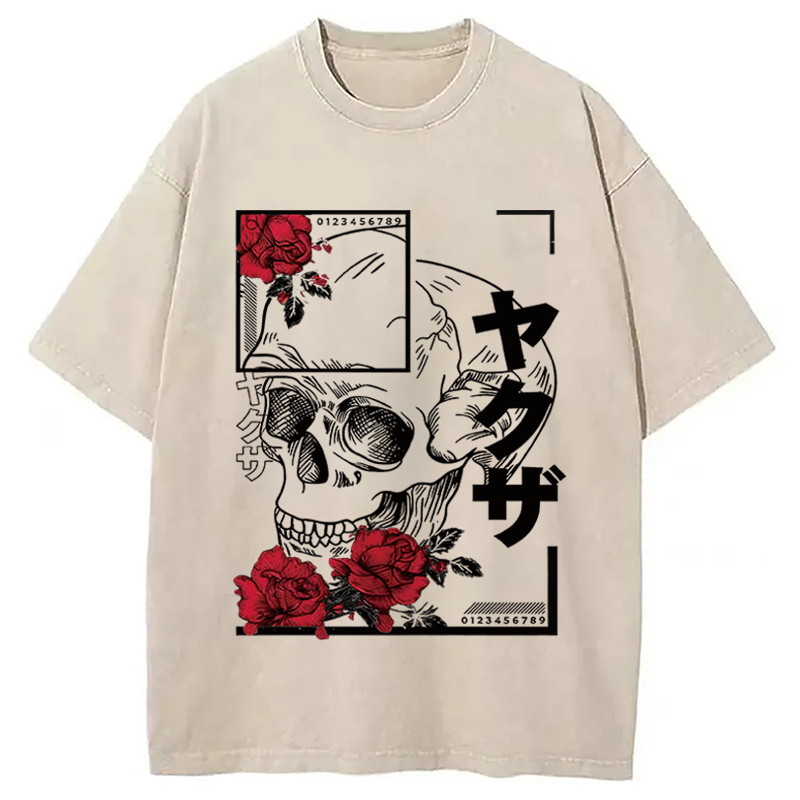 Modecanvas Skull Red Roses DTG Printing Washed T-Shirt-modecanvas