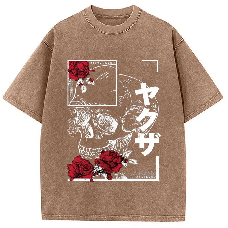 Modecanvas Skull Red Roses DTG Printing Washed T-Shirt-modecanvas