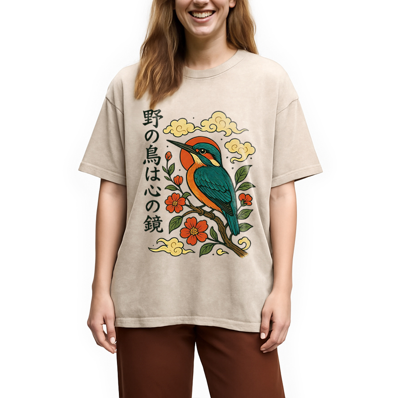 Modecanvas Japanese Kingfisher DTG Printing Washed T-Shirt
