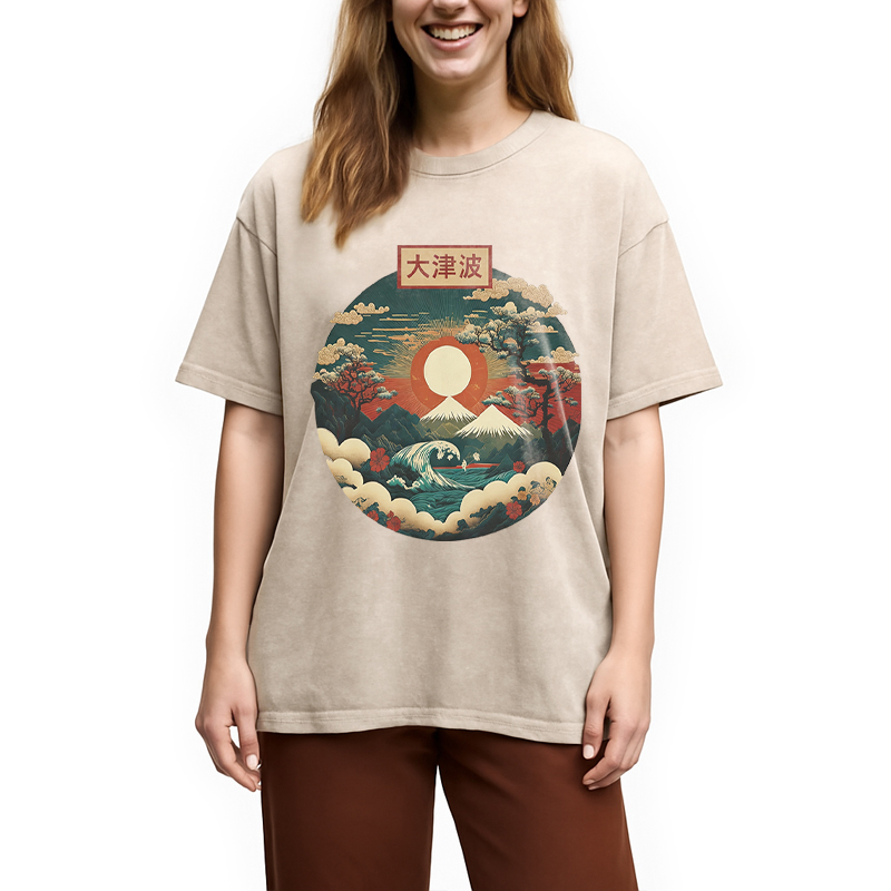 Modecanvas Japanese Red Sunset DTG Printing Washed T-Shirt