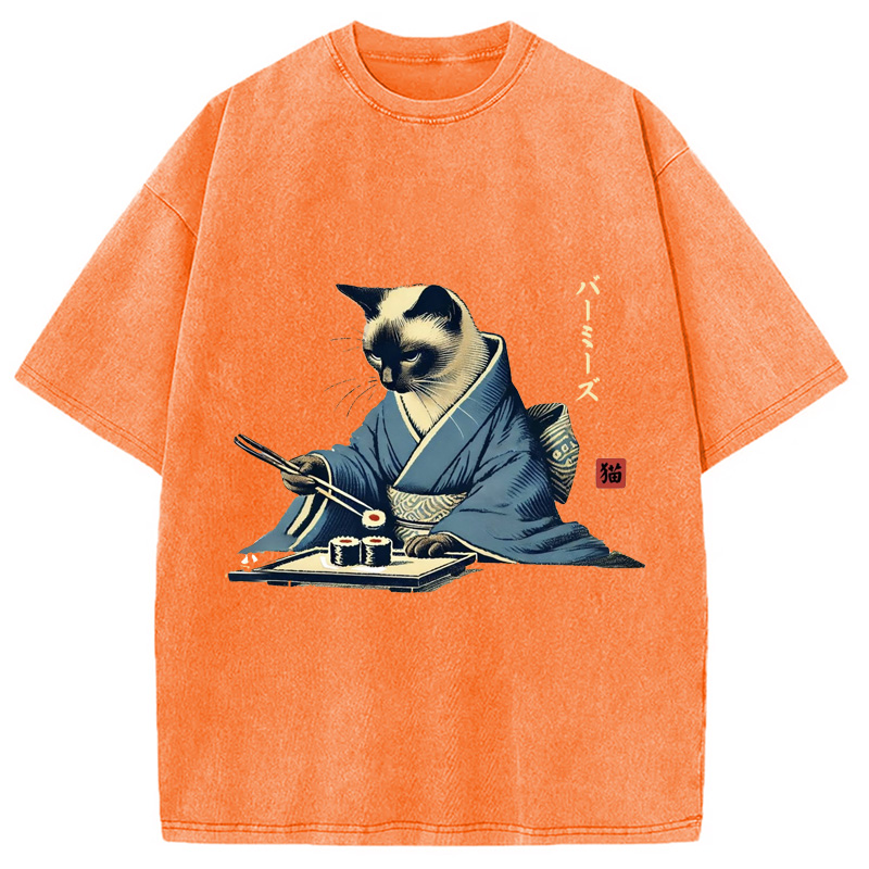 Modecanvas Cat In Kimono Eating Sushi Washed T-Shirt