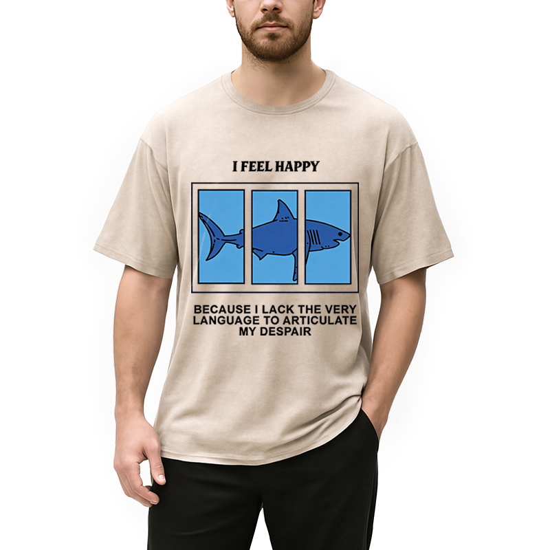 Modecanvas I Feel Happy Shark DTG Printing Washed T-Shirt