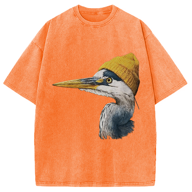 Modecanvas Blue Heron Wearing Beanie DTG Printing Washed T-Shirt