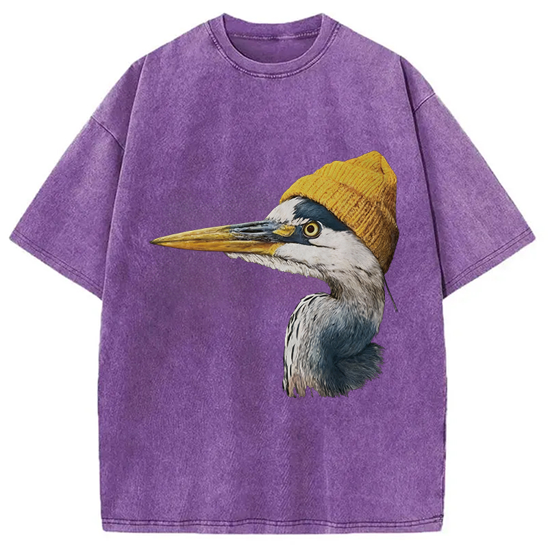 Modecanvas Blue Heron Wearing Beanie DTG Printing Washed T-Shirt
