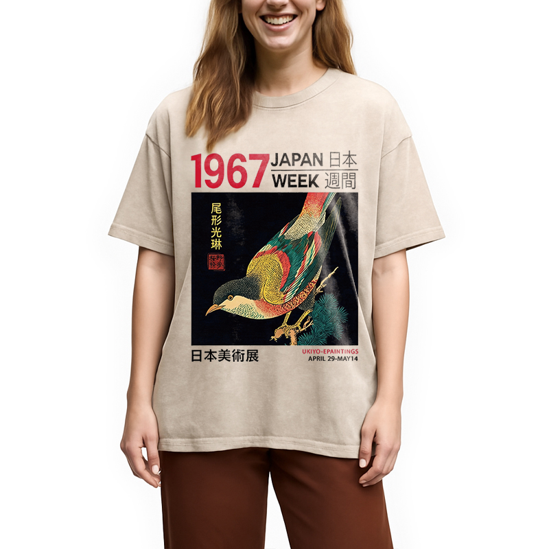 Modecanvas Bird Of Ukiyo-e DTG Printing Washed T-Shirt