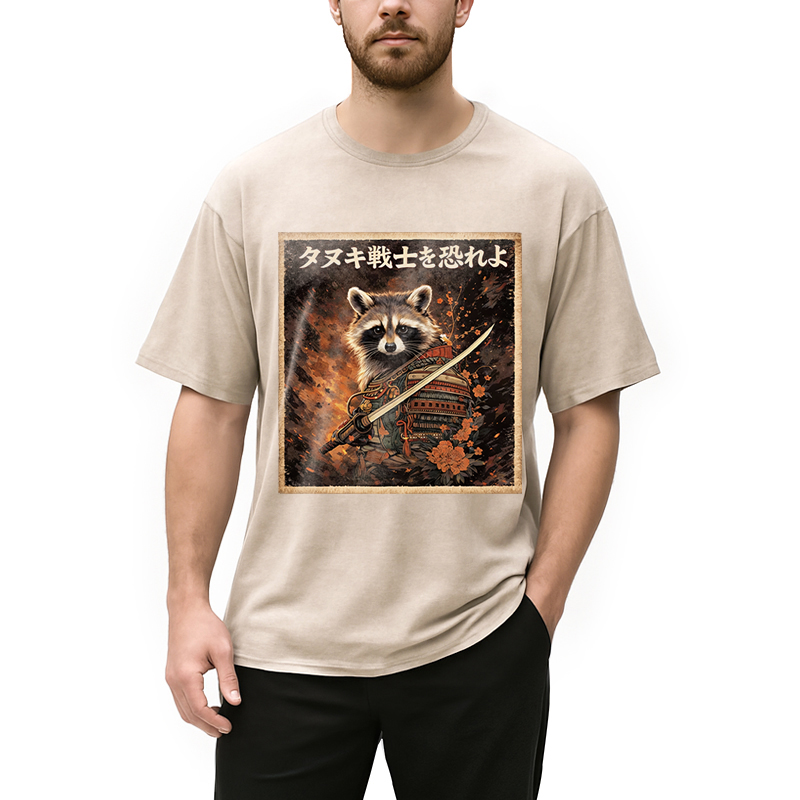 Modecanvas Japanese Raccoon Samurai Funny DTG Printing Washed T-Shirt