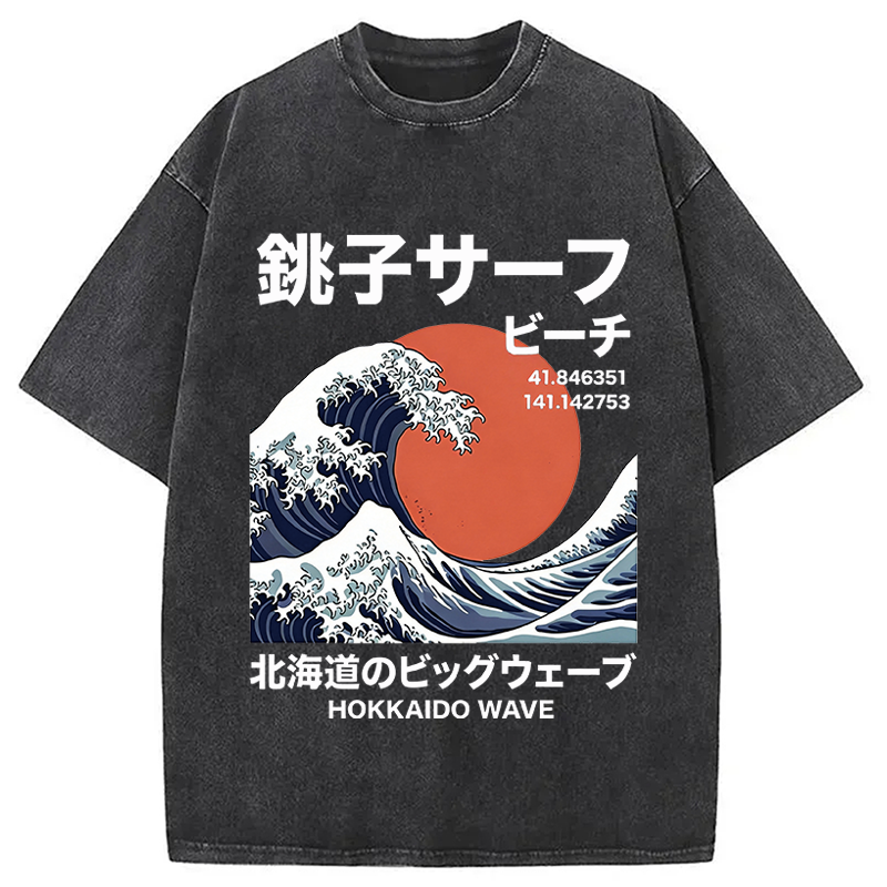 Modecanvas Hokkaido Wave Poster DTG Printing Washed T-Shirt