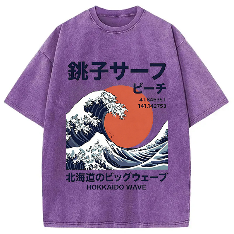 Modecanvas Hokkaido Wave Poster DTG Printing Washed T-Shirt
