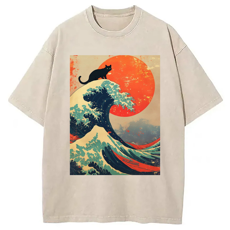 Modecanvas Black Cat On Great Wave Washed T-Shirt