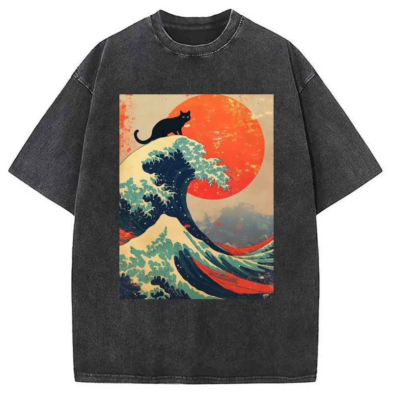 Modecanvas Black Cat On Great Wave Washed T-Shirt