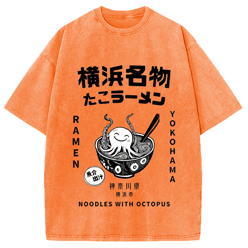 Modecanvas Japanese Kanji Art Octopus Ramen DTG Printing Washed T-Shirt