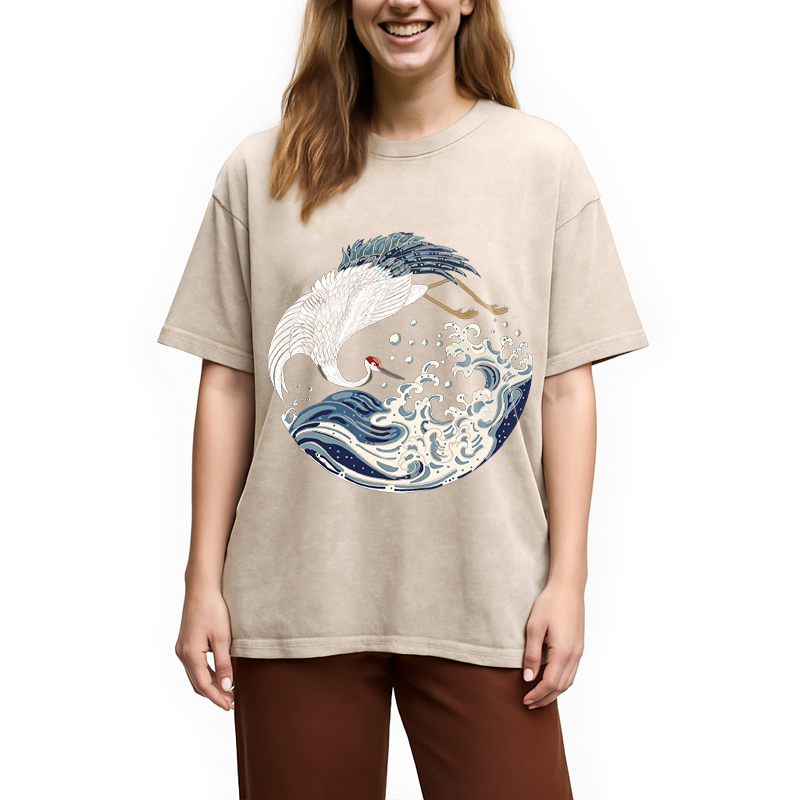 Modecanvas Crane Bird Wave DTG Printing Washed T-Shirt