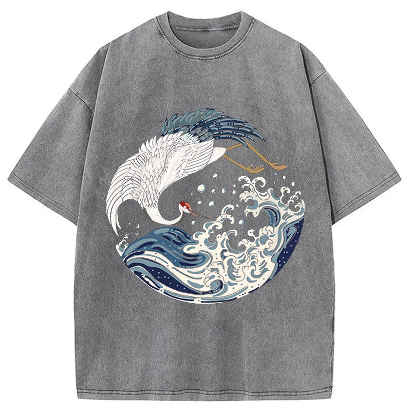 Modecanvas Crane Bird Wave DTG Printing Washed T-Shirt