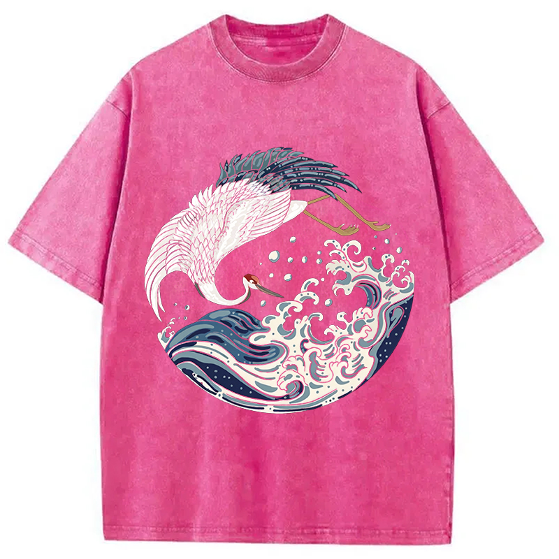 Modecanvas Crane Bird Wave DTG Printing Washed T-Shirt
