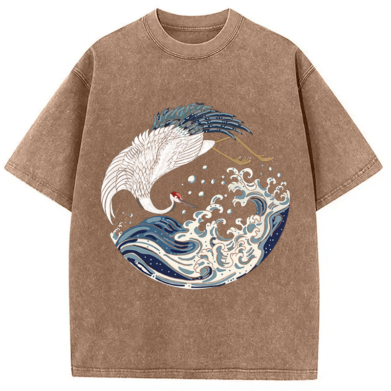 Modecanvas Crane Bird Wave DTG Printing Washed T-Shirt
