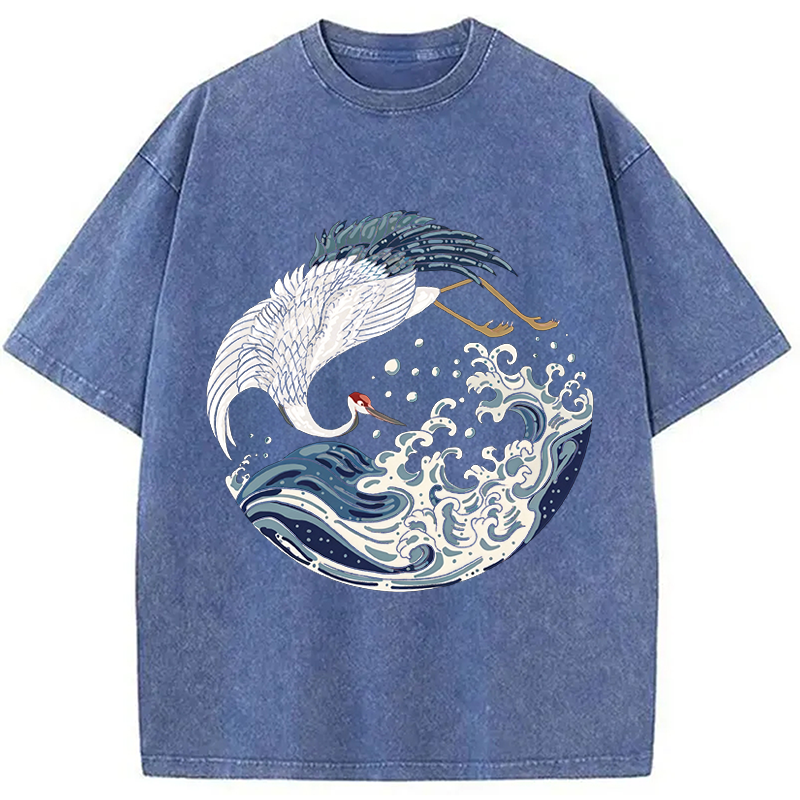 Modecanvas Crane Bird Wave DTG Printing Washed T-Shirt