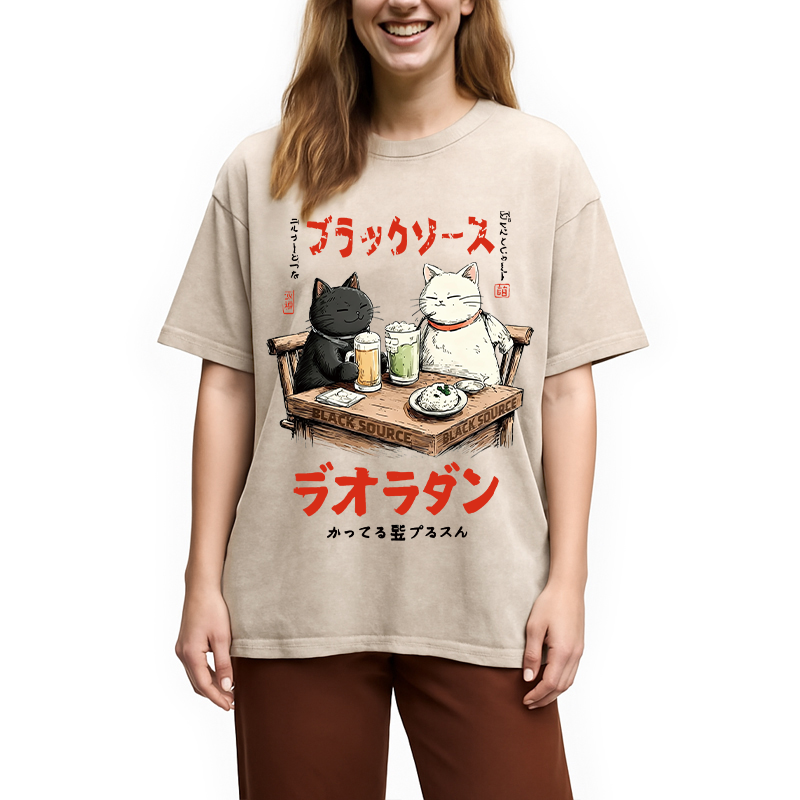 Modecanvas Funny Drinking Cat DTG Printing Washed T-Shirt