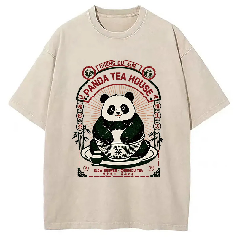 Modecanvas Panda Tea House DTG Printing Washed T-Shirt