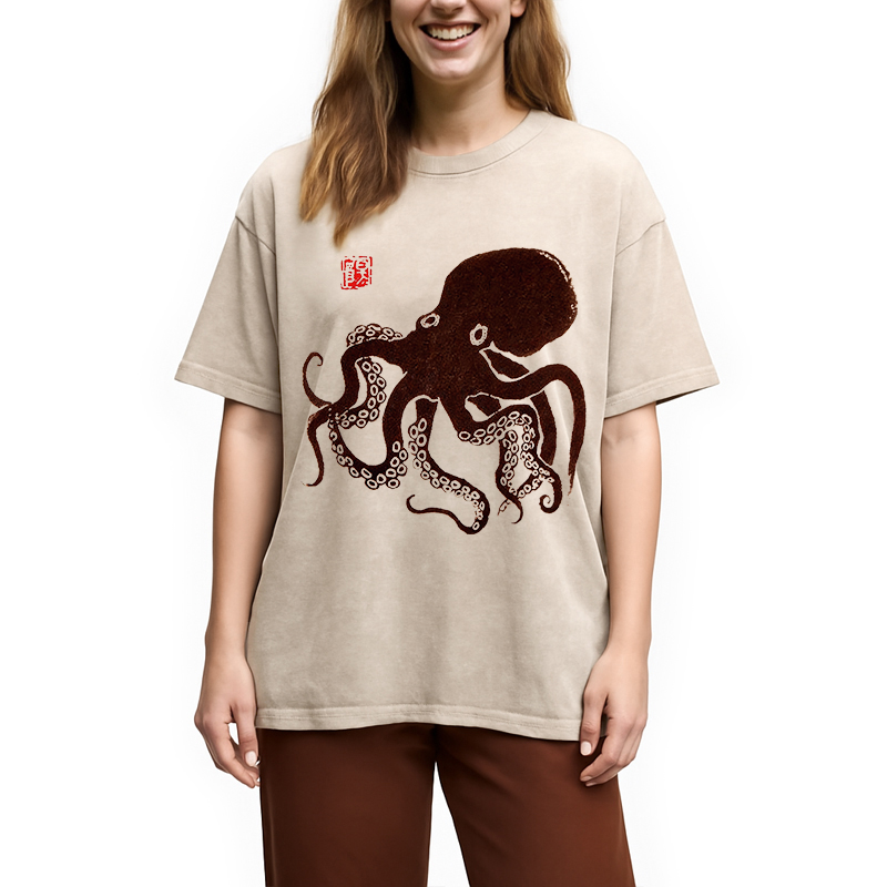 Modecanvas Octopus Japanese Art DTG Printing Washed T-Shirt
