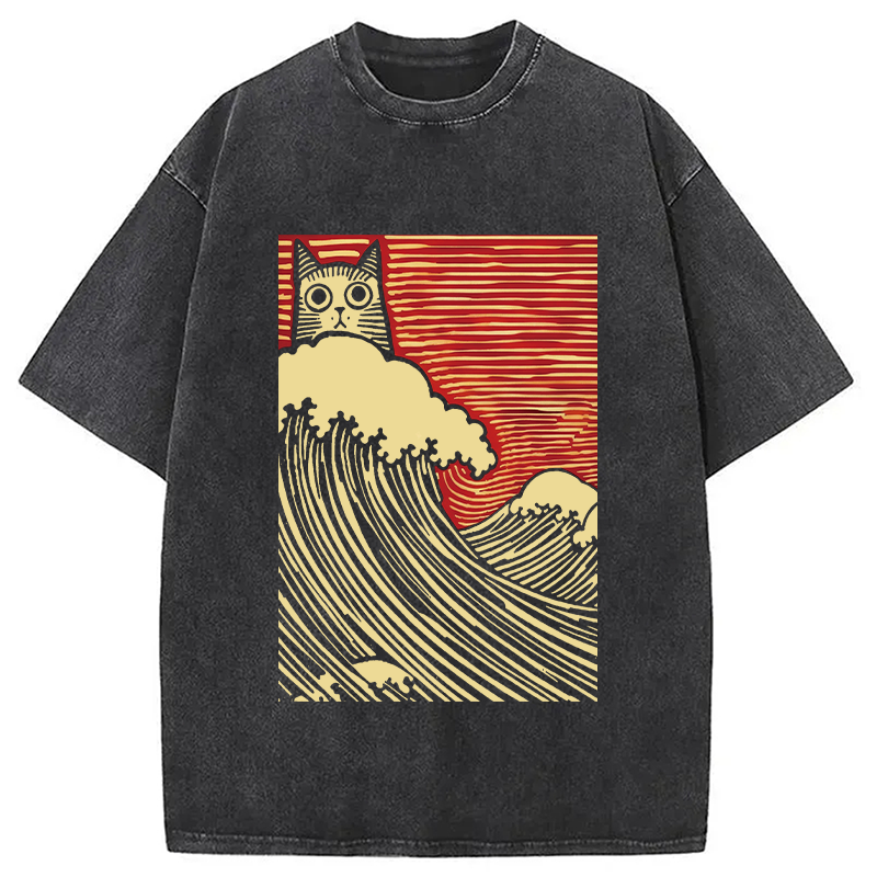 Modecanvas Japanese Cat Wave DTG Printing Washed T-Shirt