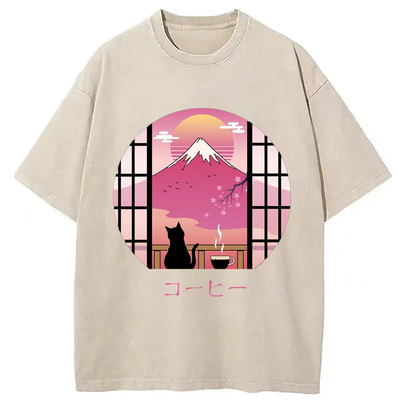 Modecanvas Mount Fuji Black Cat Tea Washed T-Shirt