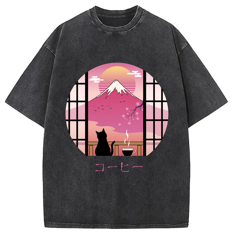 Modecanvas Mount Fuji Black Cat Tea Washed T-Shirt