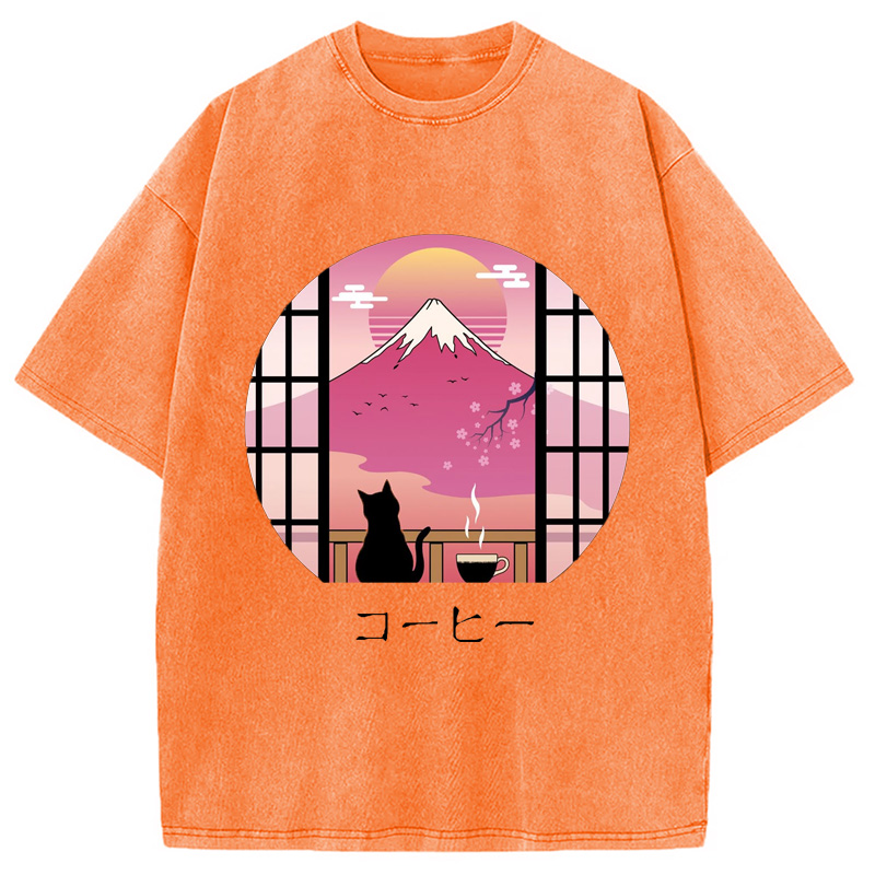 Modecanvas Mount Fuji Black Cat Tea Washed T-Shirt