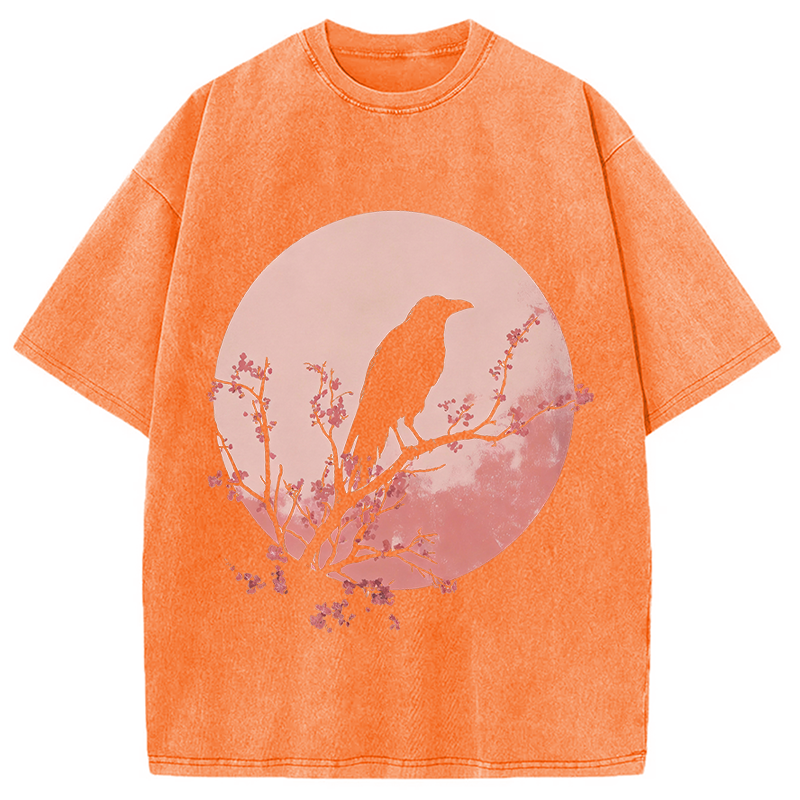 Modecanvas Crow Pink Moon DTG Printing Washed T-Shirt