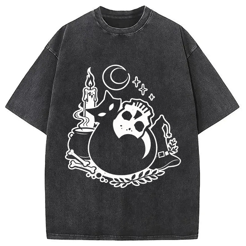 Modecanvas Black Cat Holding Skull DTG Printing Washed T-Shirt