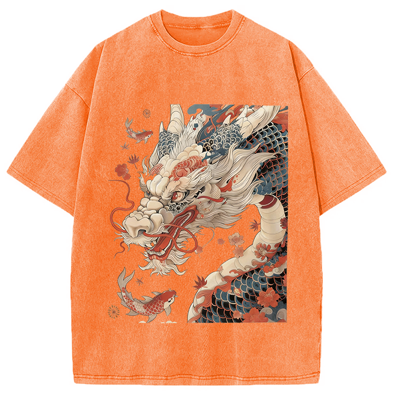 Modecanvas Dragon Koi Fish DTG Printing Washed T-Shirt
