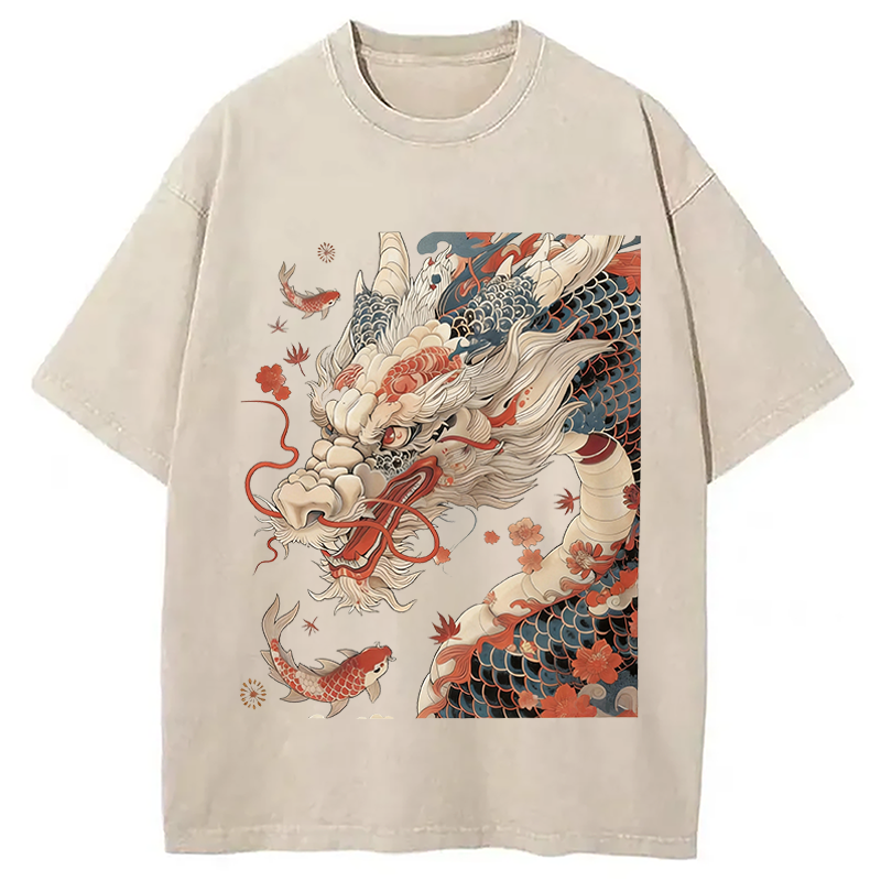 Modecanvas Dragon Koi Fish DTG Printing Washed T-Shirt