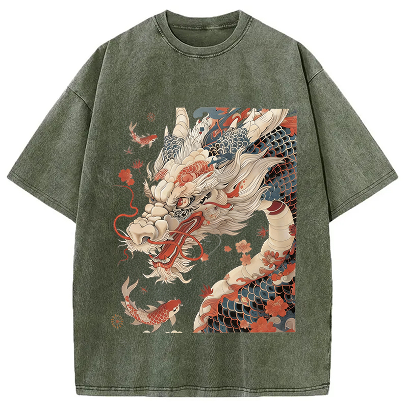 Modecanvas Dragon Koi Fish DTG Printing Washed T-Shirt