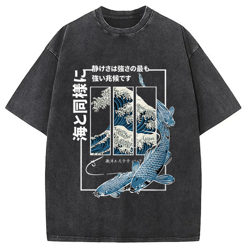 Modecanvas Japanese Koi Fish Great Wave DTG Printing Washed T-Shirt