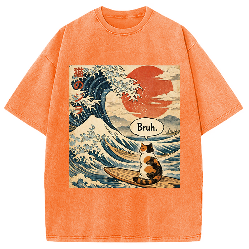 Modecanvas Bruh. The Great Wave Japanese Surfing Cat DTG Printing Washed T-Shirt
