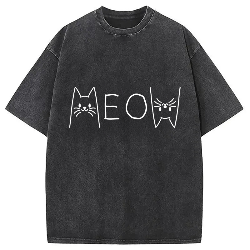 Modecanvas Meow Cat Meme DTG Printing Washed T-Shirt