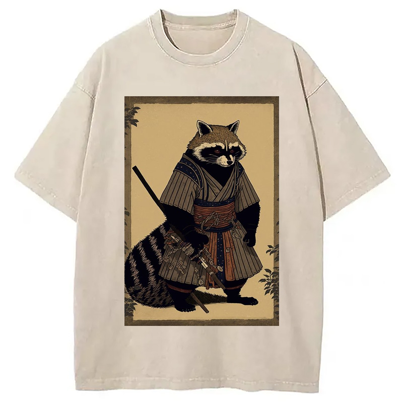 Modecanvas japanese Raccoon Samurai Washed T-Shirt